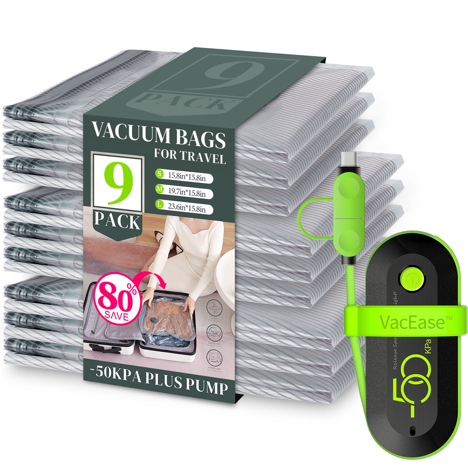 Vacbird V6 Travel Vacuum Storage Bags with 50Kpa USB Electric Pump